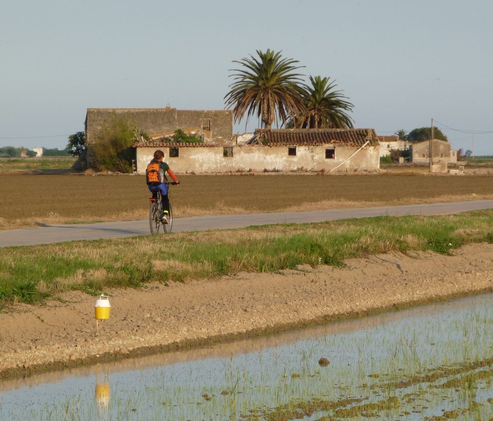 Ciclista en un camino junto a un canal y una casa de campo