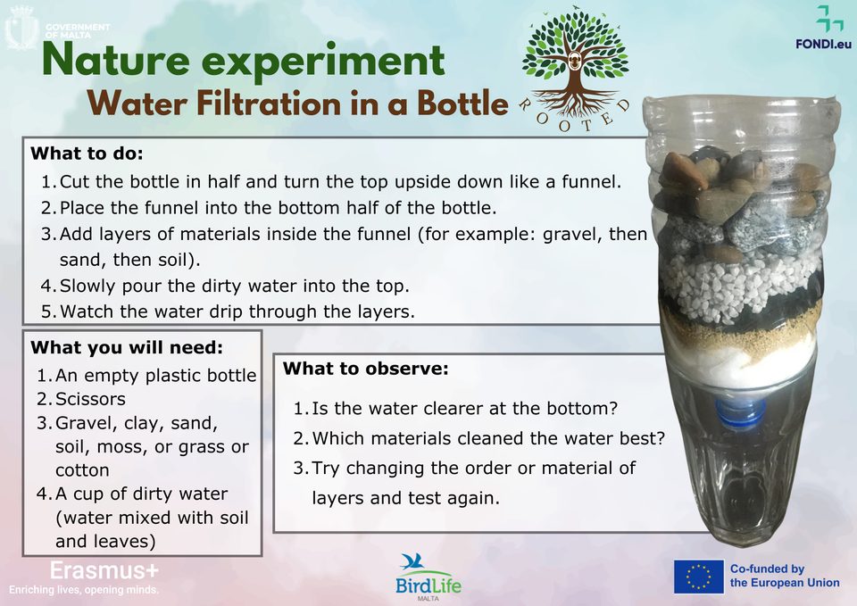 Activity card: Nature experiment – Water Filtration in a Bottle (what to do, what you will need, what to observe)