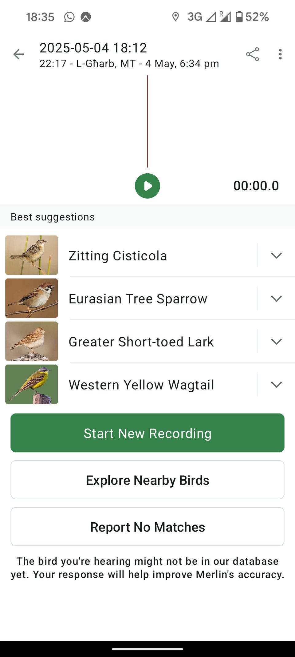 Screenshot of the Merlin Bird ID app with suggestions for a sound recording