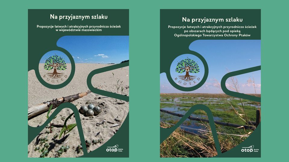 Okładki obu części przewodnika „Na przyjaznym szlaku”: pierwsza o ścieżkach w województwie mazowieckim, druga o obszarach pod opieką OTOP