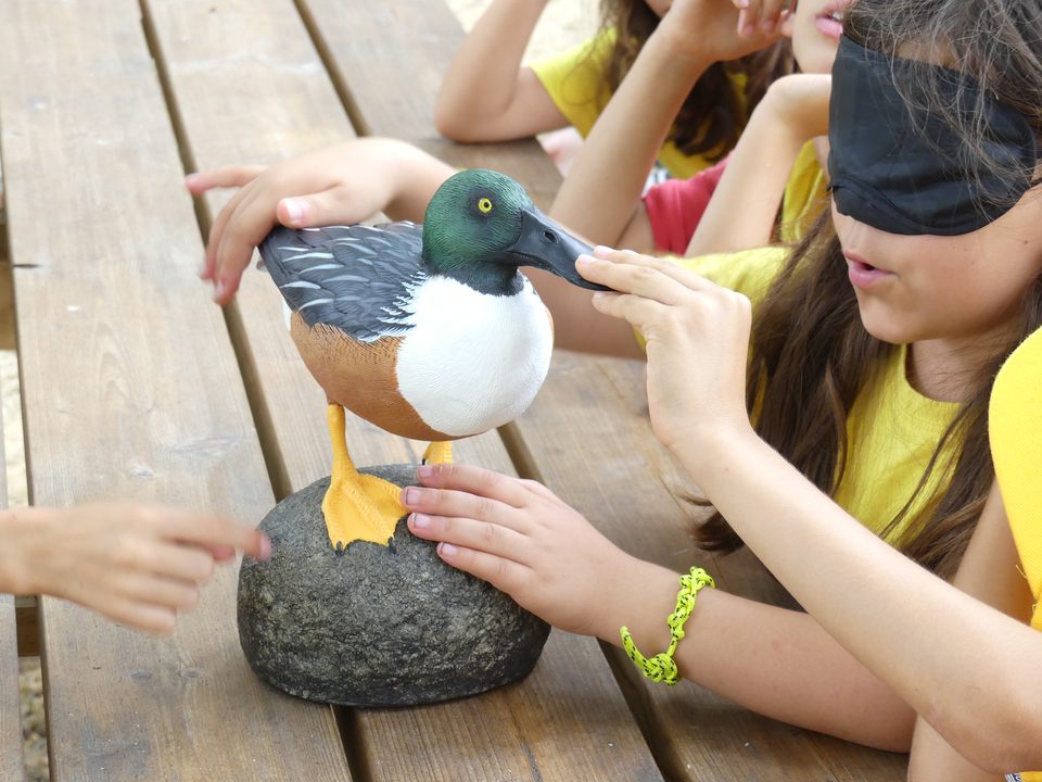 Niña con los ojos vendados que toca la figura de un pato en una actividad sensorial