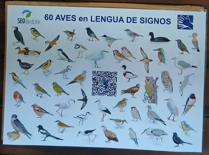 Cartel «60 aves en lengua de signos» con un código QR