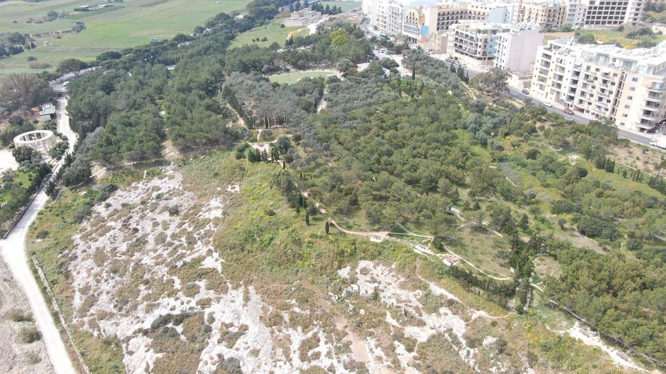 Aerial view of green scrubland bordered by apartment blocks