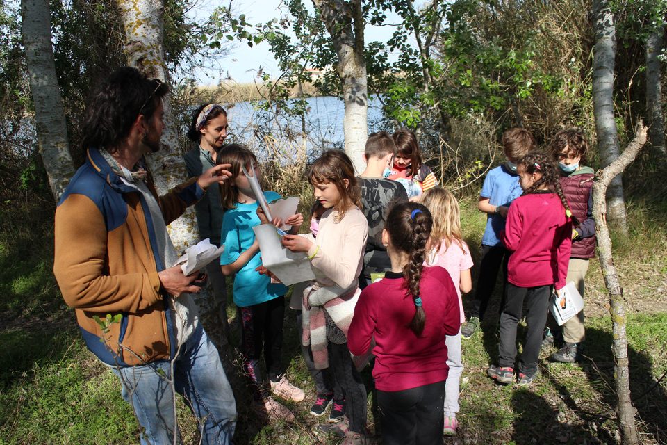 Un educador con un grupo de escolares en el campo