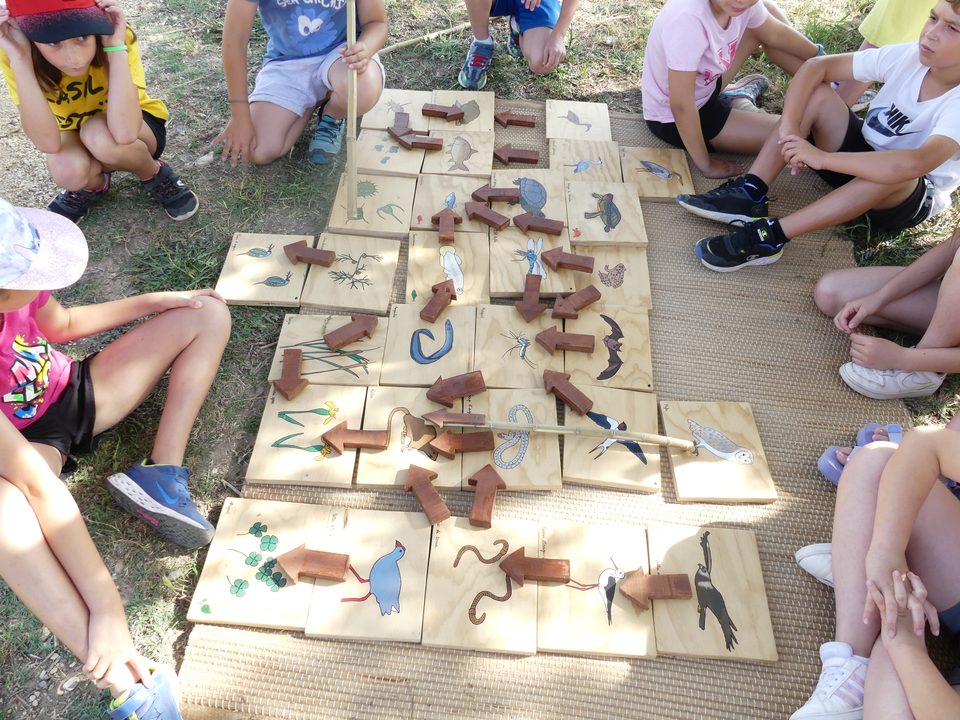 Niños alrededor de un juego de madera sobre la cadena trófica