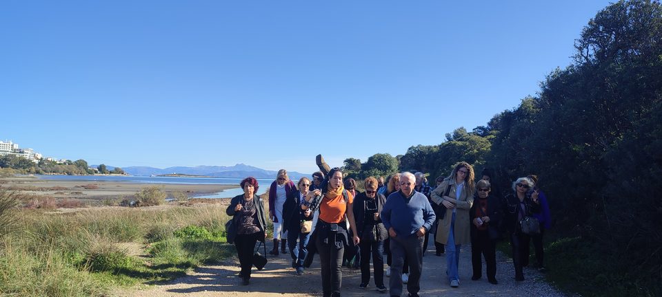 Ομάδα επισκεπτών περπατά στο μονοπάτι δίπλα στον υγρότοπο της Βραυρώνας