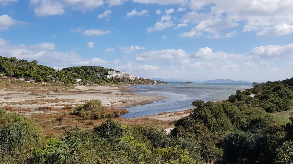Ο υγρότοπος της Βραυρώνας: ρηχός όρμος με αμμώδη όχθη και λόφους στο βάθος, κάτω από συννεφιασμένο ουρανό