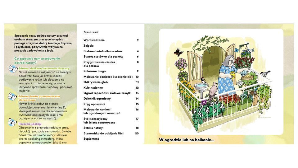 Strony publikacji „Codzienna porcja natury”: spis treści i ilustracja seniorki na balkonie pełnym roślin